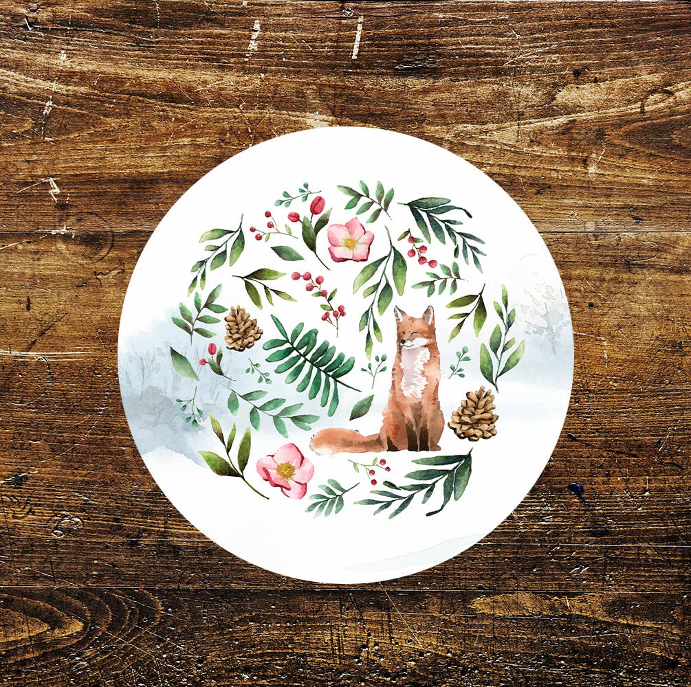 Fox Winter Leaves Cones Berries Circle Metal Sign