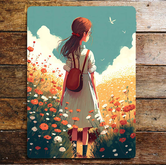 Girl Flower Fields Sky Birds Sunny days | Metal Sign Plaque