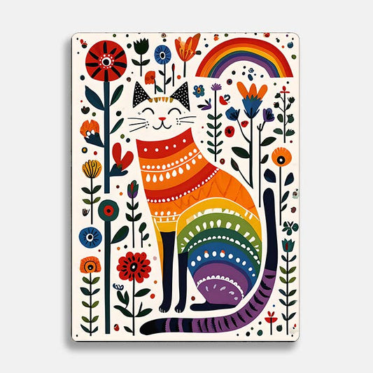 Cat rainbow Flowers scandinavian folk | Metal Sign Plaque