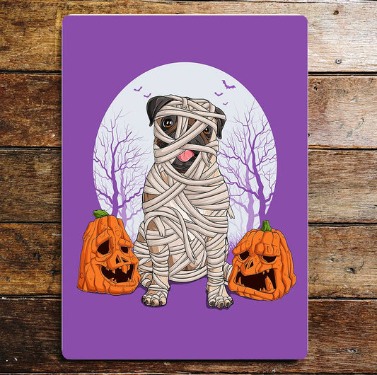 Pug Dog Mummy Pumpkin Halloween Metal Wall Sign Plaque