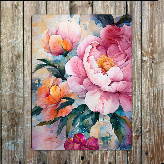 Vibrant Peonies Flowers | Watercolour | Metal Sign Plaque