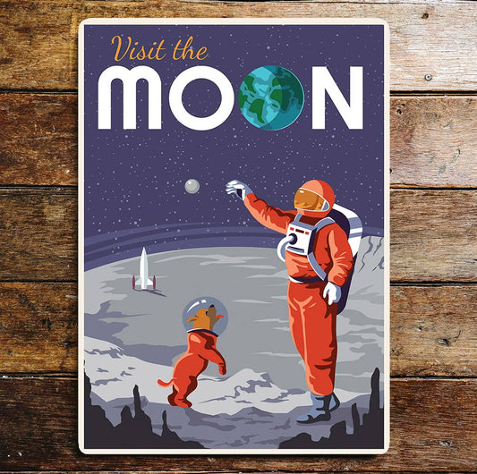 Visit The Moon Rocket Man Dog Sky | Metal Sign Plaque