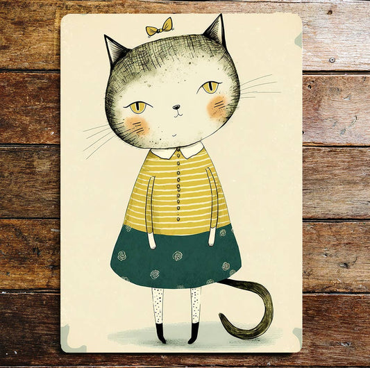 Cute Cat Bow Dress Stripes Flowers | Metal Sign Plaque