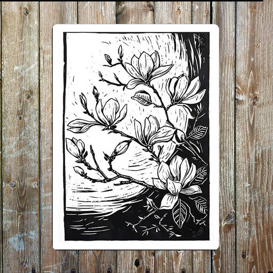 Magnolia Flowers In Bloom Linocut Style | Metal Sign Plaque