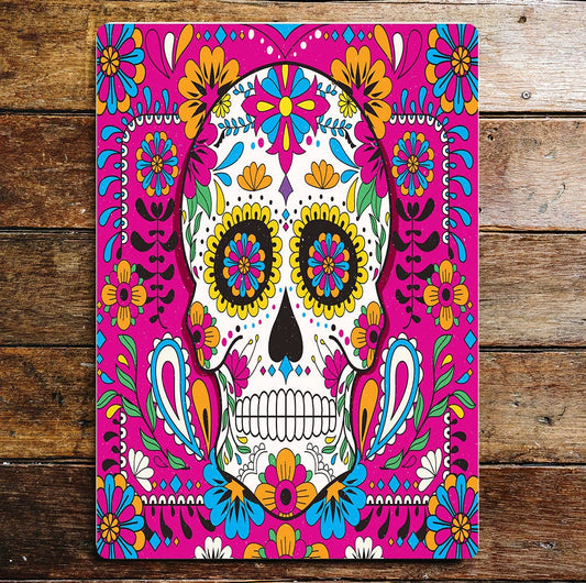Skull Flowers Pink Metal Wall Sign