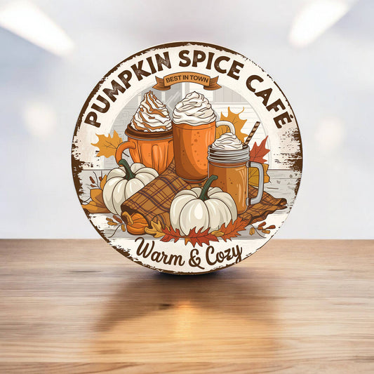 Pumpkin spice Cafe Christmas Circle Metal Sign