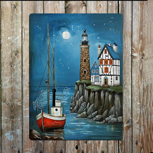 Night Coastal Scene Lighthouse Nautical | Metal Sign Plaque