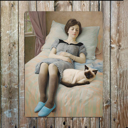 Woman Relaxing With A Cat On Bed | Metal Sign Plaque