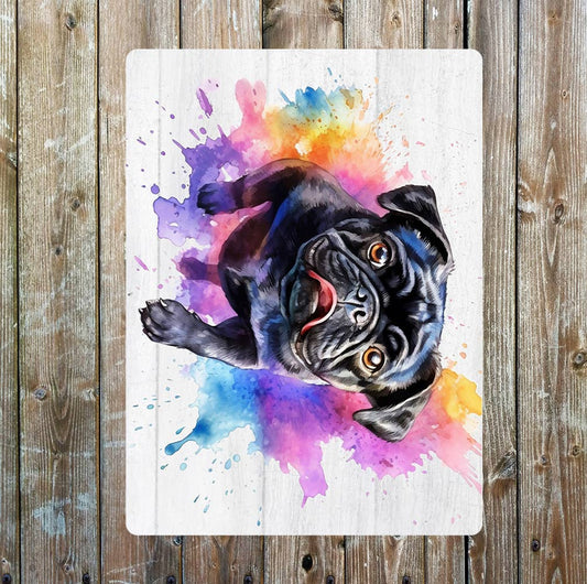 Leaping Black Pug Watercolour Splash | Metal Sign Plaque