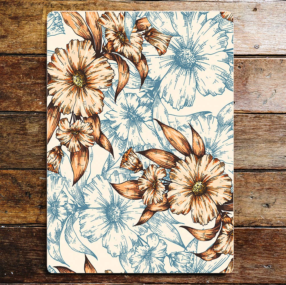 Flower Floral Pattern Blue Orange | Metal Sign Plaque