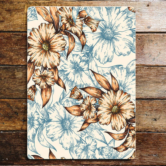 Flower Floral Pattern Blue Orange | Metal Sign Plaque