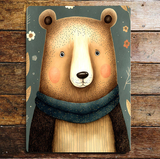 Cute Bear Portrait Blue Scarf Flowers | Metal Sign Plaque