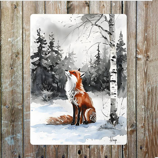 Watercolor Style Painting Fox Winter | Metal Sign Plaque