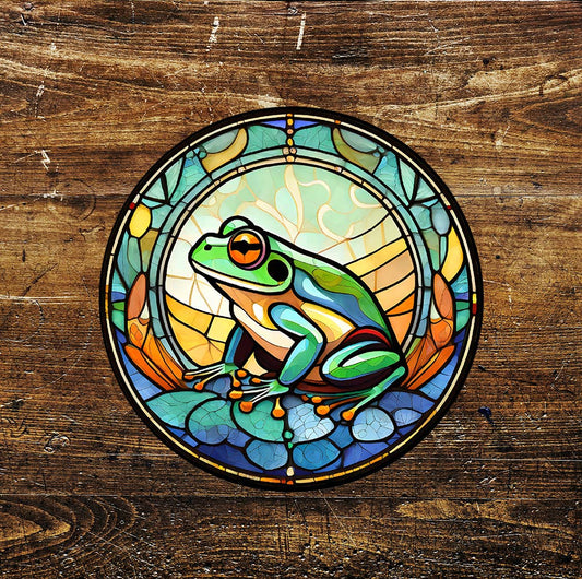 Frog Colourful Stained Glass affect Circle Metal Sign