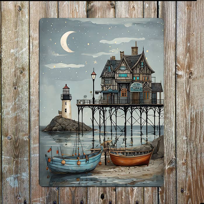 Dreamy Coastal Scene Boat Sea Nautical | Metal Sign Plaque