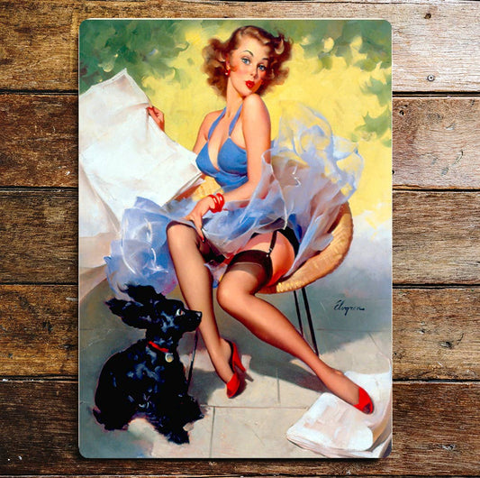Pin Up Girl Garden Puppy Skirt Blowing Metal Wall Sign