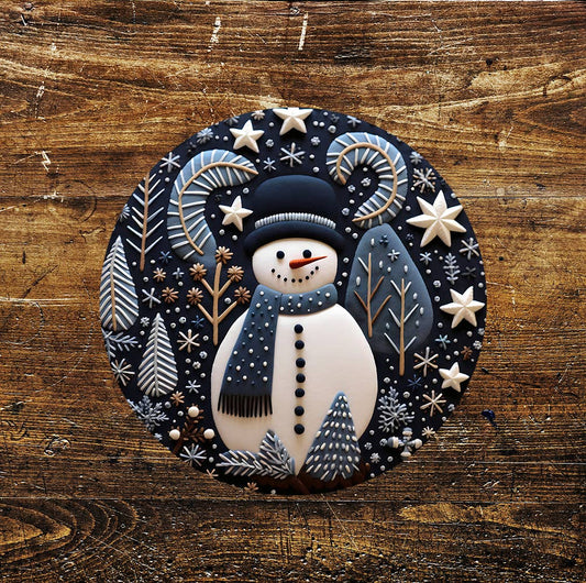 Snowman Night Blue Christmas Circle Metal Sign