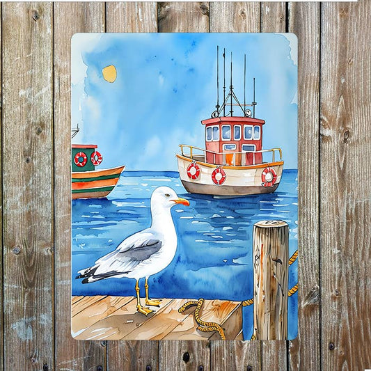 Seagull Boat Beach Sea Nautical Metal Sign Plaque