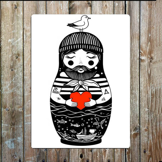 Matryoshka Doll Heart Sailor Sea Nautical | Metal Sign Plaque