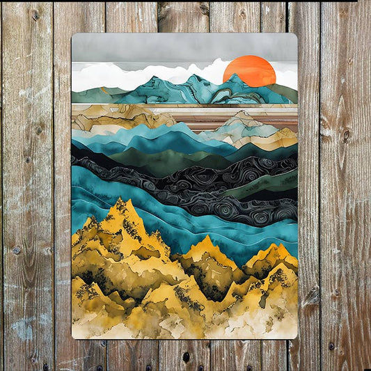Modern Abstract Landscape, Mountains Sun, Metal Sign Plaque