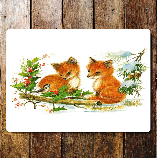 Fox Cubs 2 Snow Christmas | Metal Wall Sign