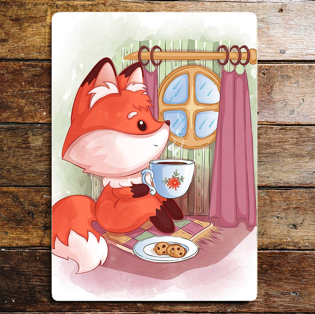 Red fox drinking tea lifestyle Metal Sign Plaque