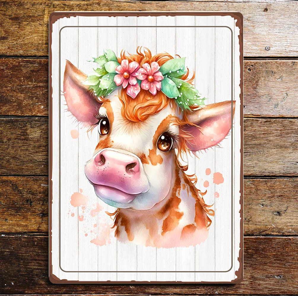 Brown White Cow Head Smiling Flowers | Metal Sign Plaque