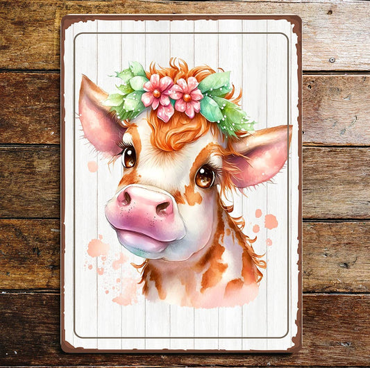 Brown White Cow Head Smiling Flowers | Metal Sign Plaque
