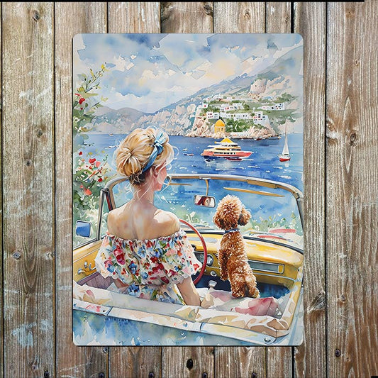 Woman Convertible Car Sea | Watercolour | Metal Sign Plaque