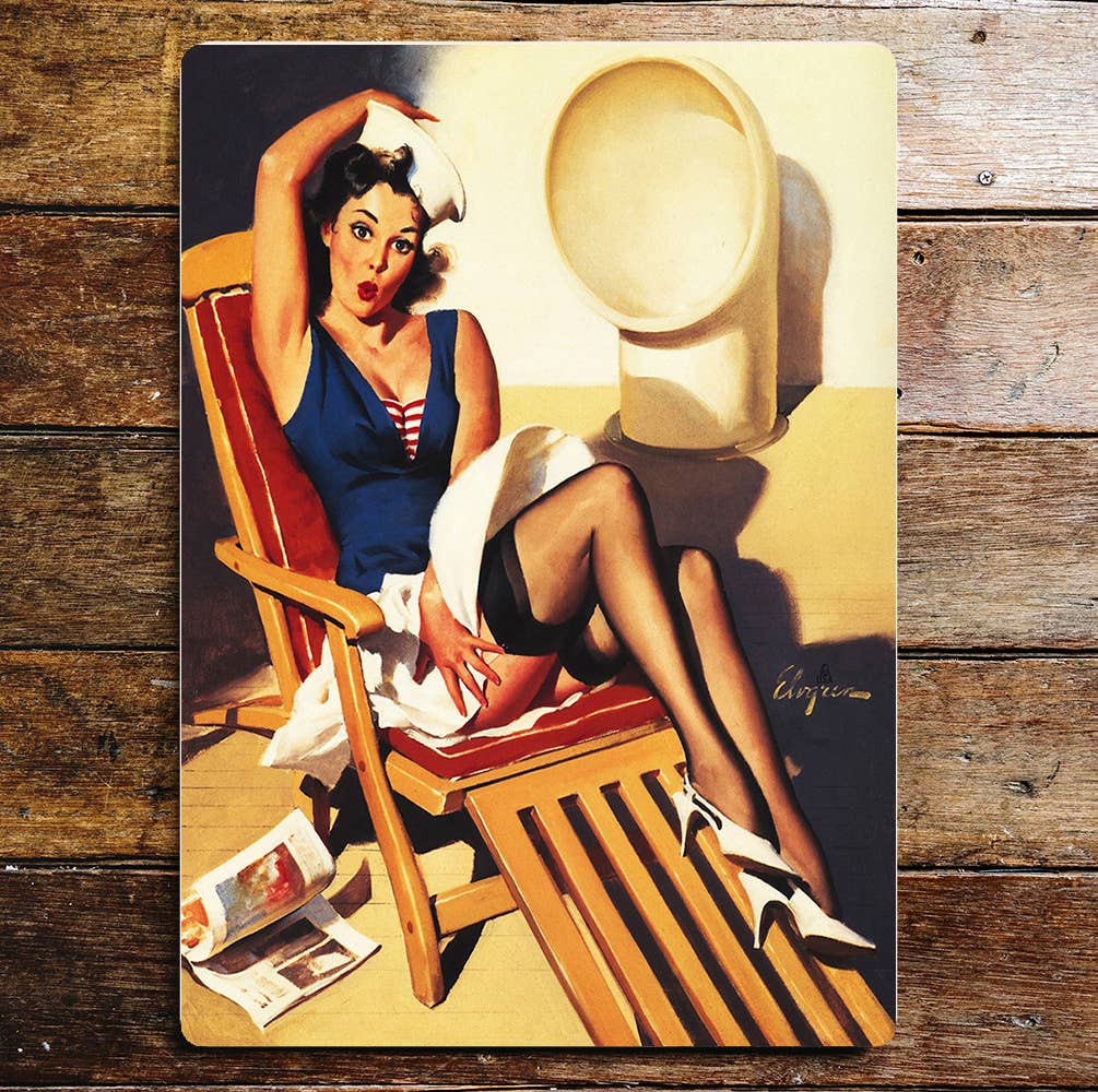 Pin Up Girl Sailor Ship Sunbathe Metal Wall Sign
