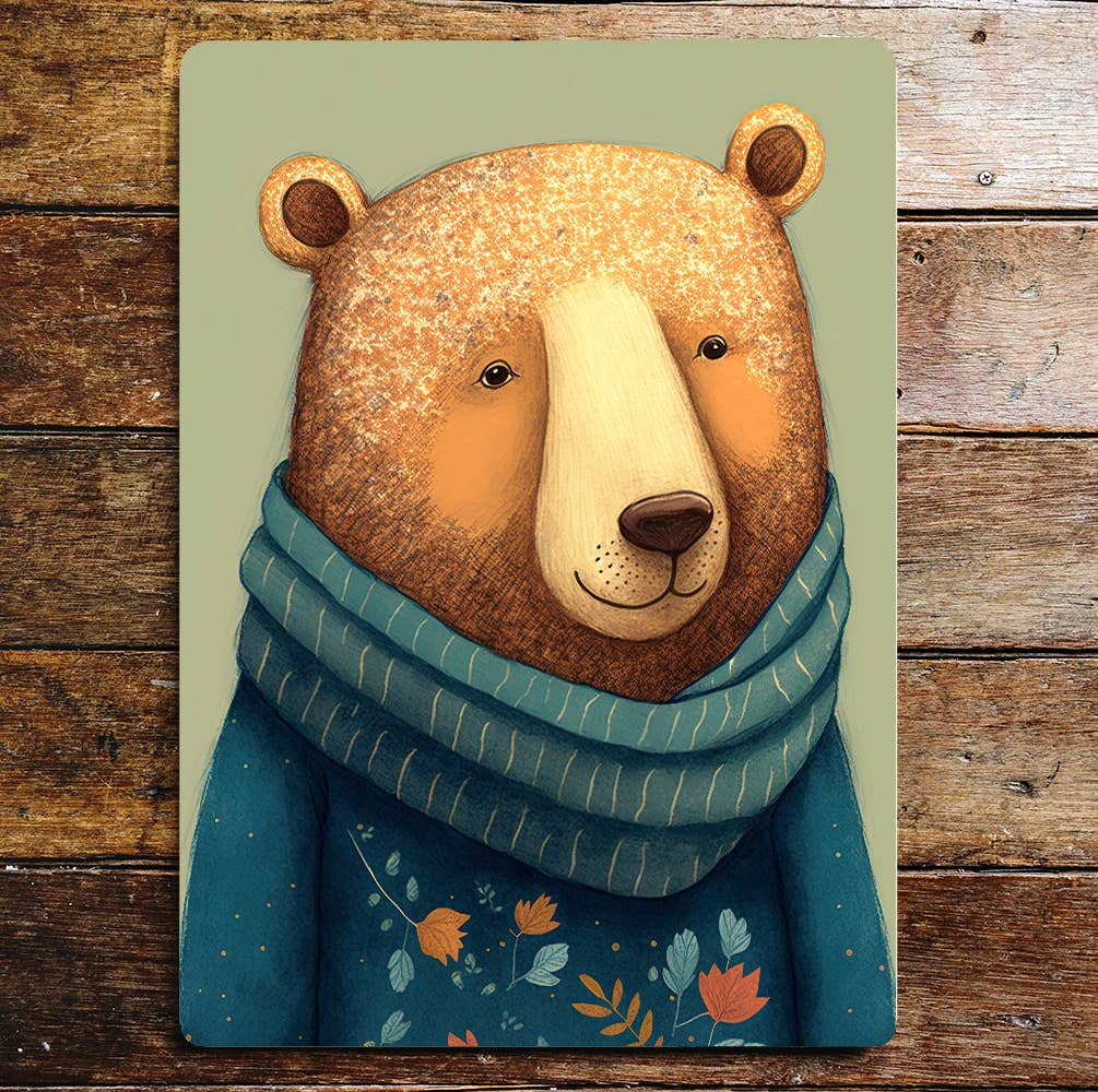 Cute Bear Blue Scarf Flowers Jumper | Metal Sign Plaque