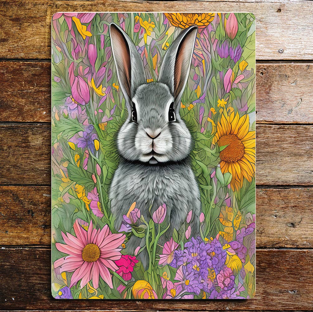 Babe rabbit spring flowers art | Metal Wall Sign