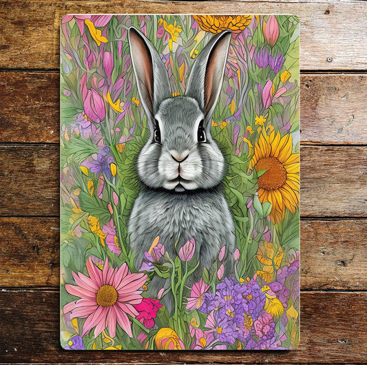 Babe rabbit spring flowers art | Metal Wall Sign