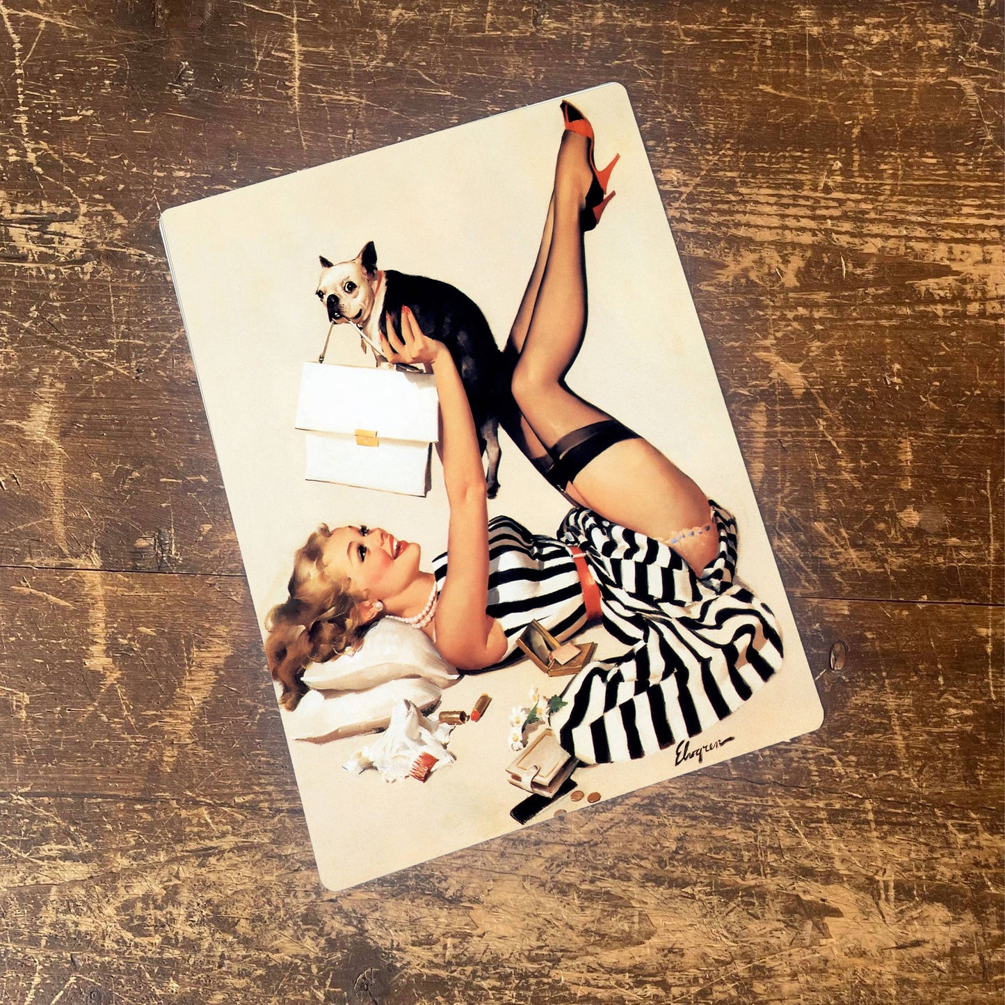 Pin Up Girl Boston Terrier Metal Sign