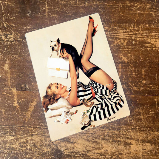 Pin Up Girl Boston Terrier Metal Sign