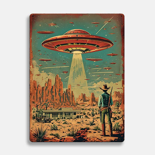 Desert Scene With Cowboy UFO Alien | Metal Sign Plaque