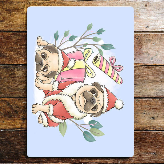 Pugs At Christmas Santa Outfit Present Metal Sign Plaque
