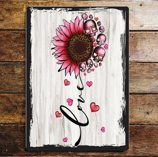 Love Pink Flowers Skulls Hearts Valentine | Metal Sign Plaque
