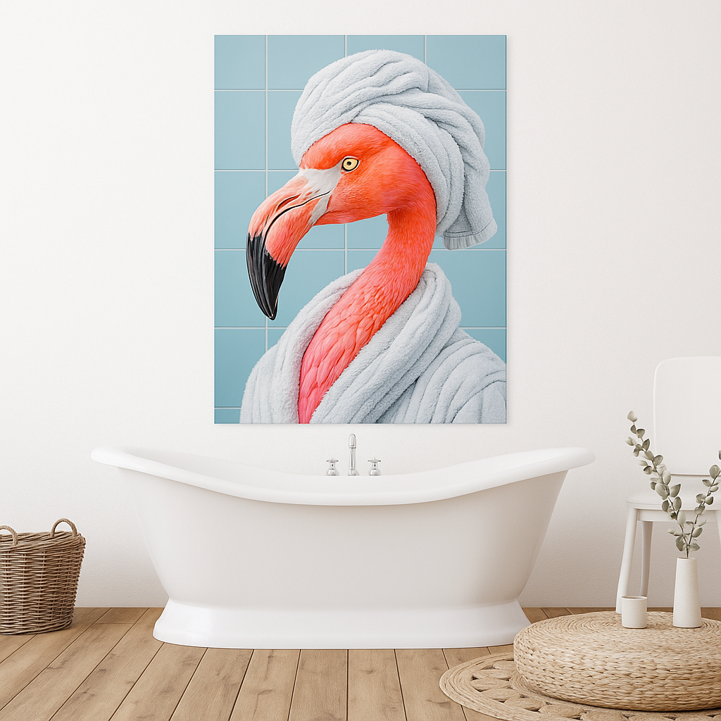 Flamingo In Bathrobe Bathroom Toilet | Metal Sign Plaque