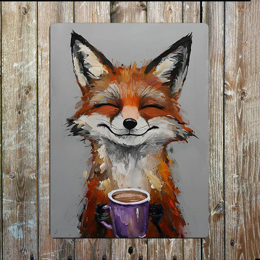 Fox Enjoying Coffee | Metal Sign Plaque