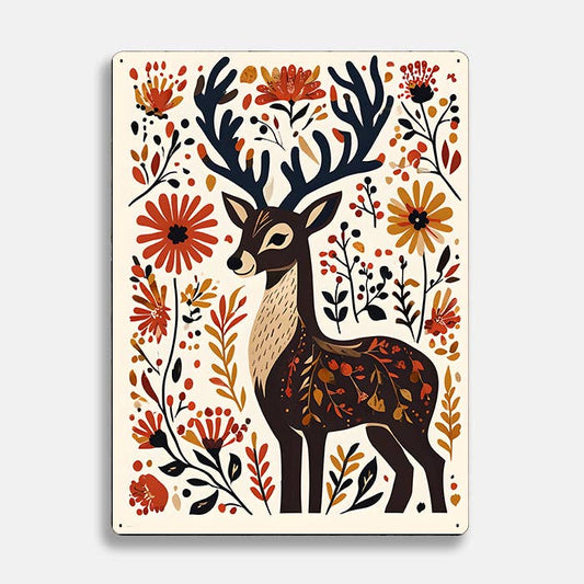 Deer Stag Floral scandinavian folk | Metal Sign Plaque