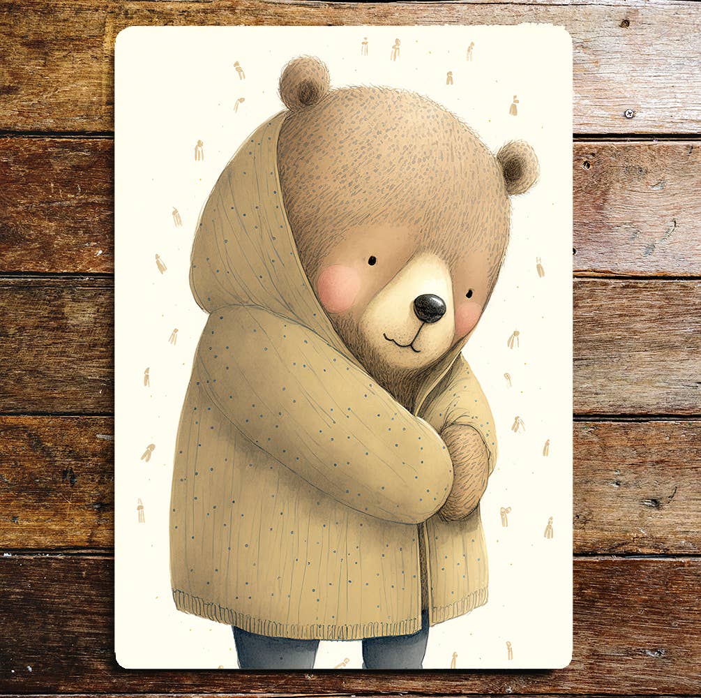 Cute Sad Young Bear Portrait Cream Coat | Metal Sign Plaque