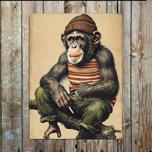 Chimpanzee Vintage Clothing on Tree Branch | Metal Sign Plaque