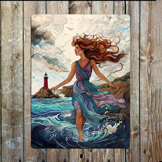 Women Dress Lighthouse rough Sea Nautical | Metal Sign Plaque
