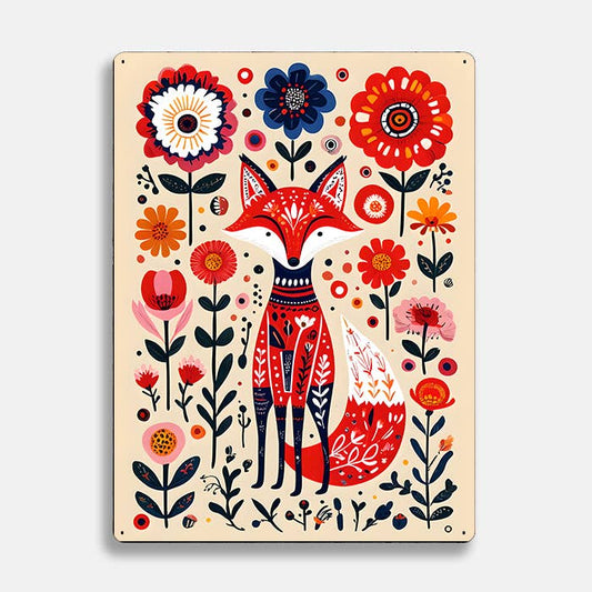 Fox Illustration Flowers scandinavian folk | Metal Sign Plaque