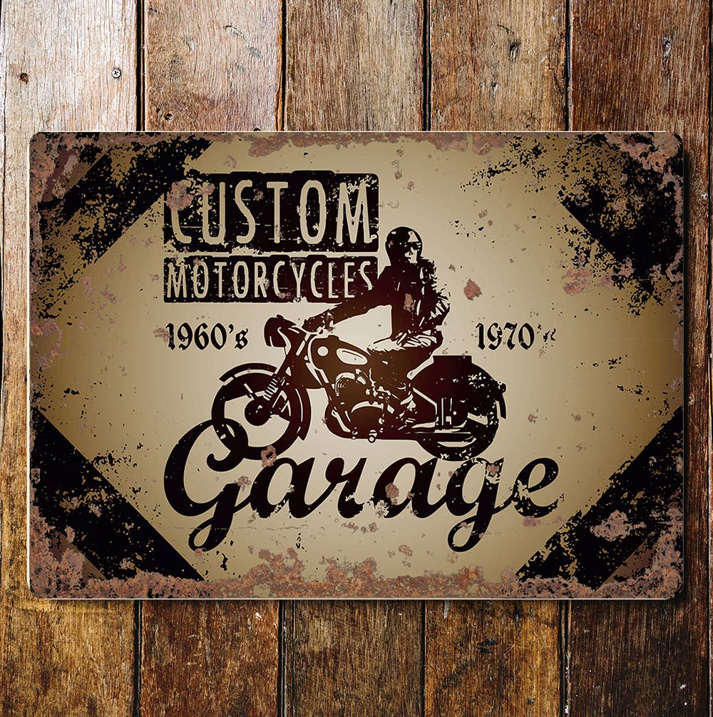 Garage motorcycles custom 60s wall art | Metal Sign Plaque