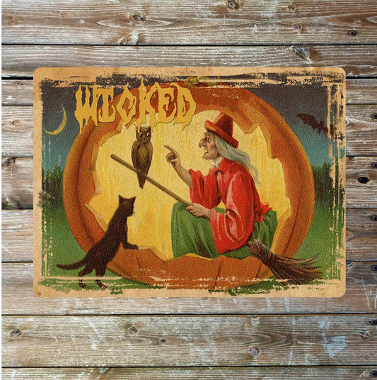 Halloween Wicked Witch Pumpkin Cat Broom | Metal Sign Plaque