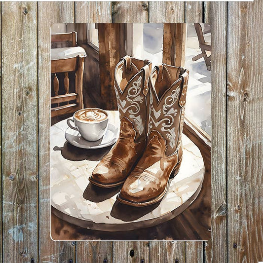 Watercolor Boots Coffee Cowboy Western Art | Metal Sign Plaque