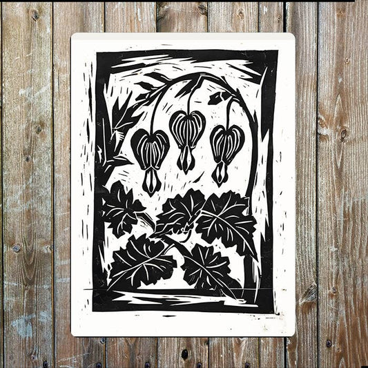 Bleeding Heart Flowers Linocut Style | Metal Sign Plaque