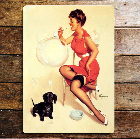 Pin Up Girl Puppy Bubbles Metal Wall Sign